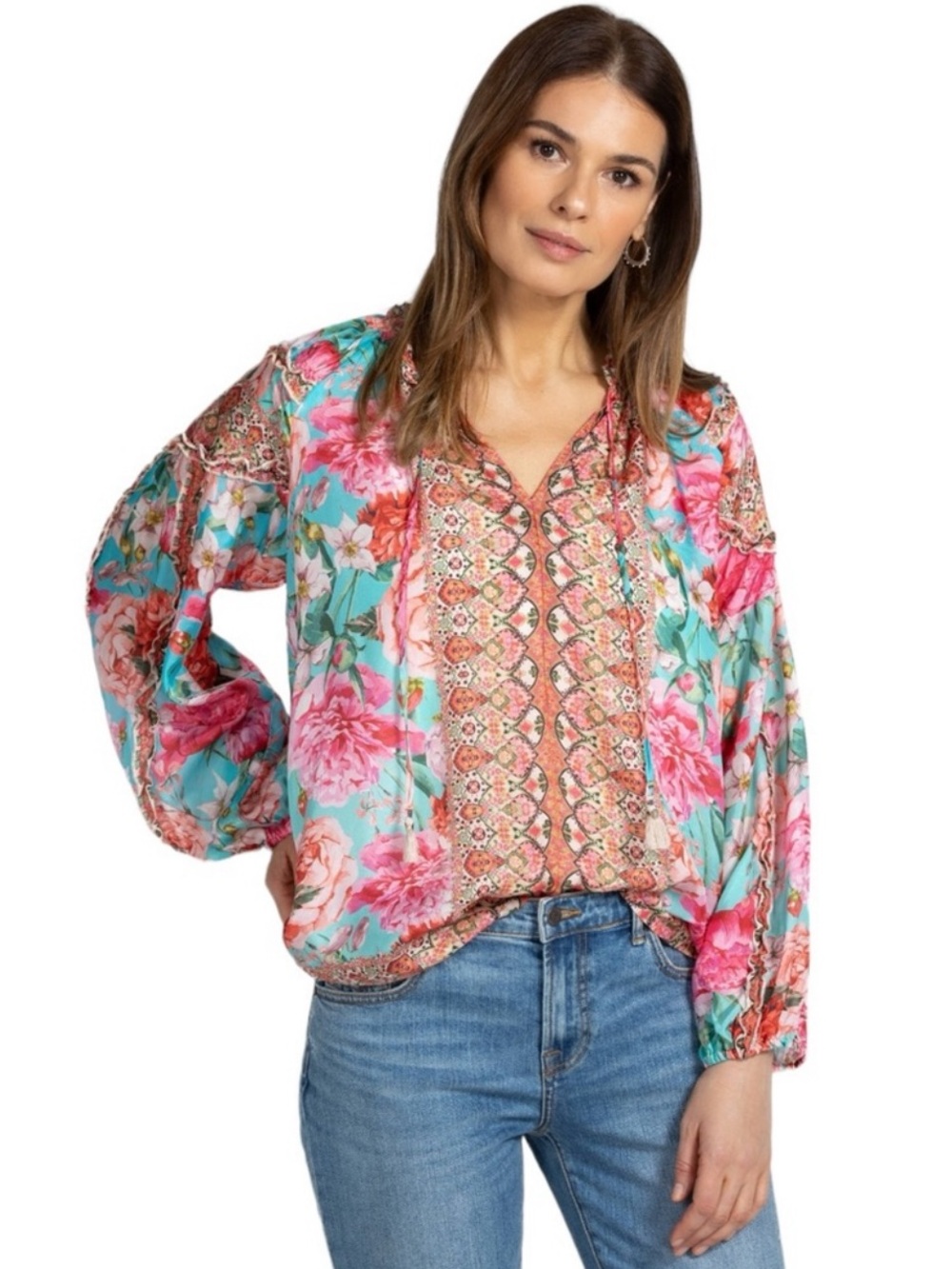 Johnny Was Rose Narcisa 100% Silk Floral Blouse - Size XS